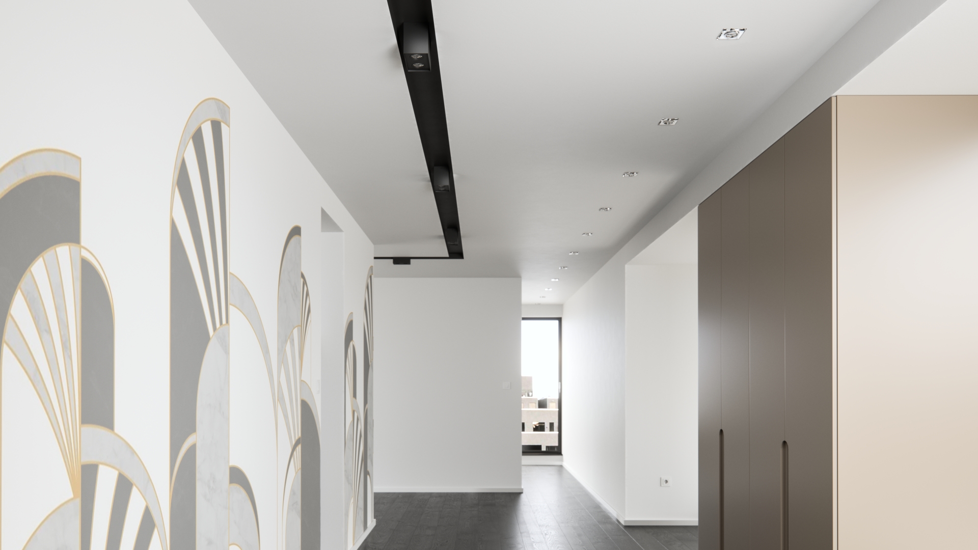 White ceiling eyelets and black surface-mounted tubes in the corridor